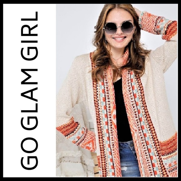 NWT Aztec Print Fringed Long Knit Boho Cardigan - Picture 2 of 6